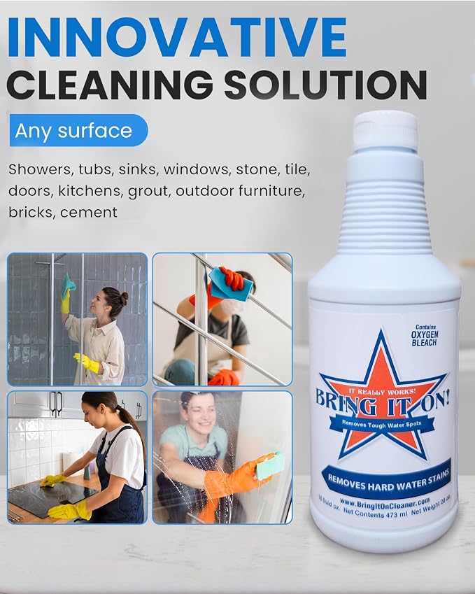Bring It On Cleaner Hard Water Stain Remover 16 oz | Glass, Soap Scum Remover for Shower Glass, Fiberglass, Windows, Tile and Grout Cleaner, and Includes Scrubbing Drill Pads