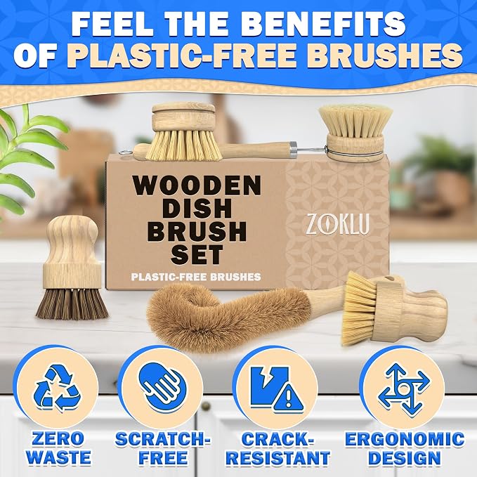 5 Pcs Bamboo Dish Brush Set, Non-Scratch Bristles, Replacement Head | Bamboo Dish Scrubber for Pots, Bottles & Vegetables; Soft for Delicate, Stiff for Stuck-On Messes; Bottle Brush Included