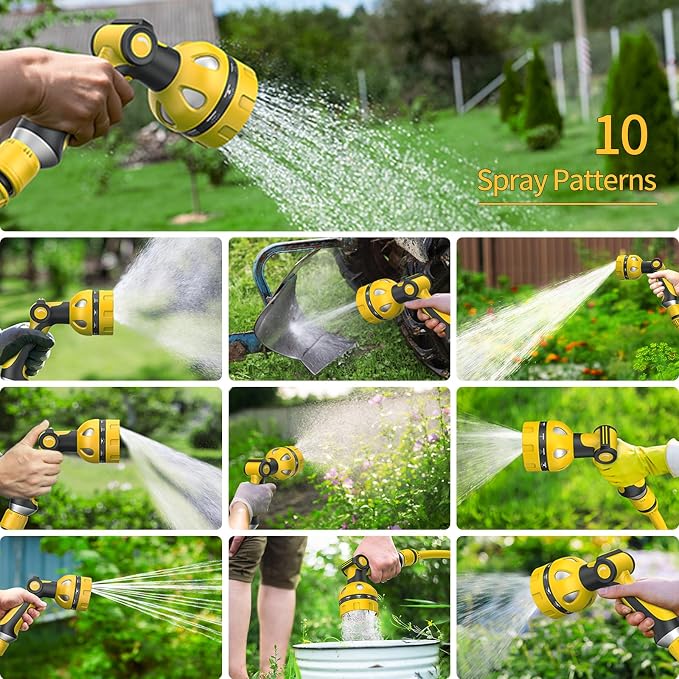 Garden Hose Nozzle, Heavy Duty Water Hose High Pressure Sprayer with 10 Watering Patterns, Thumb Control On Off Valve, for Watering outdoor Plants & Lawn, Car & Pet Washing（Yellow）