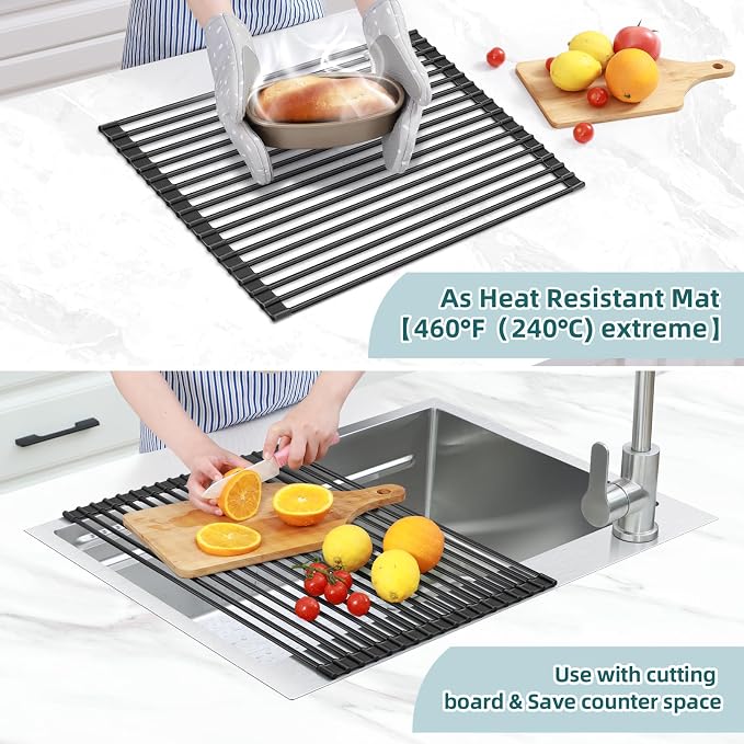 Ohuhu Over The Sink Dish Drying Rack, 20.5" W x 13.1" L Rolling Dish Drainer Foldable Sink Accessories Heat-Resistant Mat Anti-Slip Silicone Coated Dish Racks for Kitchen Counter