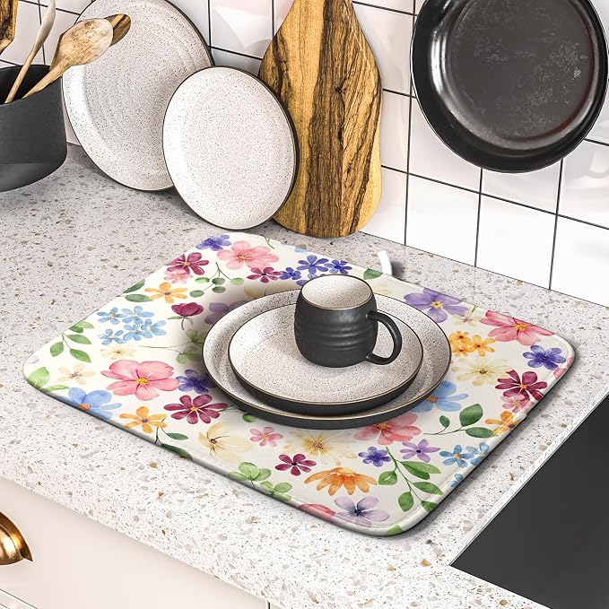Spring Floral Dish Drying Mat for Kitchen Counter 16x18 Easter Green Pink Purple Blue Cute Flower Print Absorbent Reversible Microfiber Drying Mats Kitchen Countertop Protector Dishes Drainer Pad