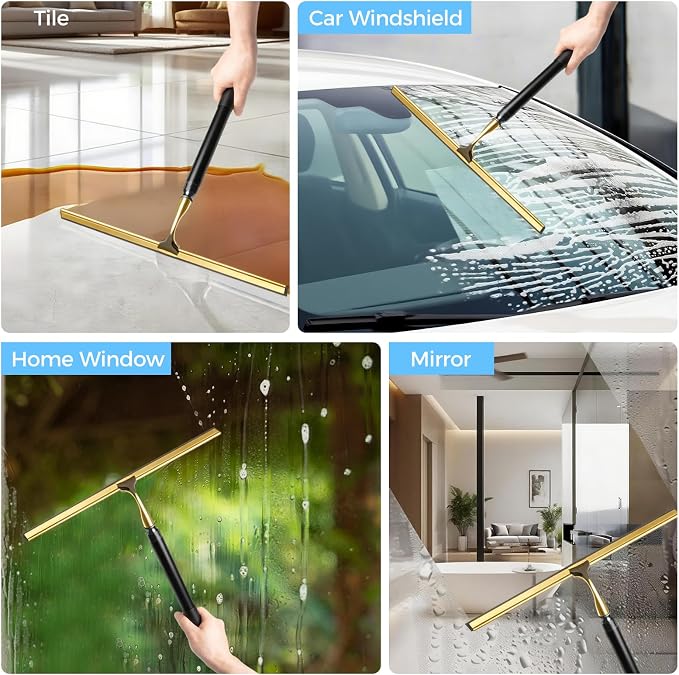 17“- 60" Extendable Long Handle 2-in-1 Window Squeegee Gold | 12.4" Wide Metal Shower Squeegee for Glass Doors, 2-in-1 Squeegee for Home Window Cleaning, Tile Wall, Car