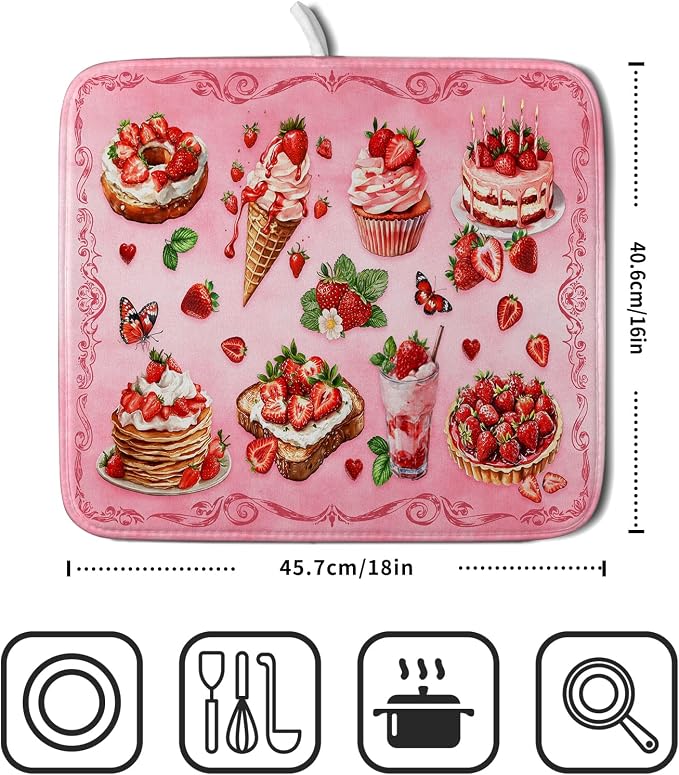 Pink Strawberry Dish Drying Mat for Kitchen Counter Washable Absorbent Dish Draining Mat 16×18in