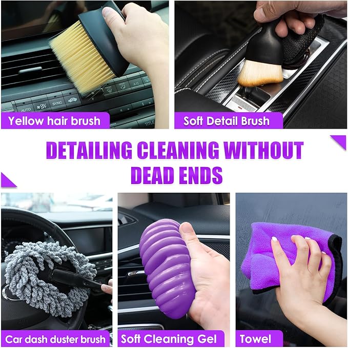 20PCS Car Cleaning Kit, Car Interior Detailing Kit with Purple High Power Handheld Vacuum, Detailing Brush Set, Windshield Cleaner, Cleaning Gel, Complete Auto Accessories for Women