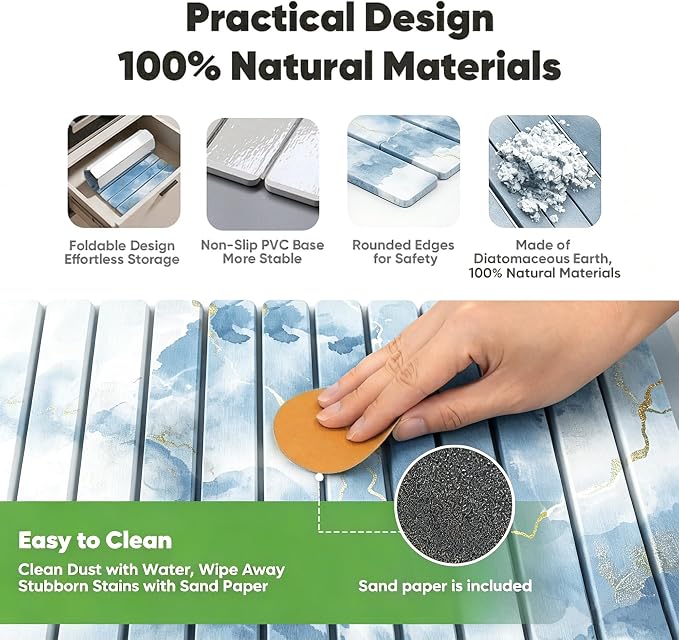 Stone Drying Mat for Kitchen Counter, Quick Diatomaceous Earth Mats for Dishes, 24"L x 16" W Super Absorbent Fast-Drying Collapsible Countertop Stone Mat (Marble White Blue, 24" x 16")