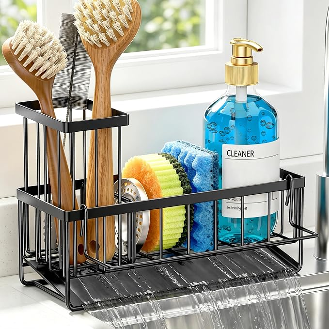 Sponge Holder for Kitchen Sink, Kitchen Sink Caddy, Kitchen Sink Sponge Holder, Dish Sponge Holder, Kitchen Sink Organizer for Sponge, Dish Brush, Scrubber(9.65" x 3.74" x 6.3", Black)