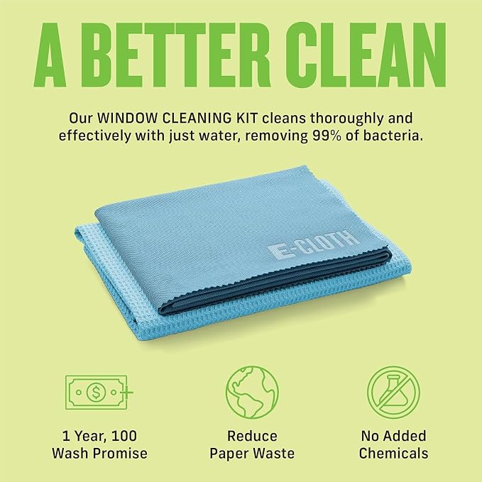 E-Cloth Microfiber Window Cleaning Cloth Kit - Glass Cleaning Cloth for Windows, Mirrors, Cars, Lenses, Eyeglasses, & More, Streak Free Clean, Machine Washable Reusable Towel - Alaskan Blue