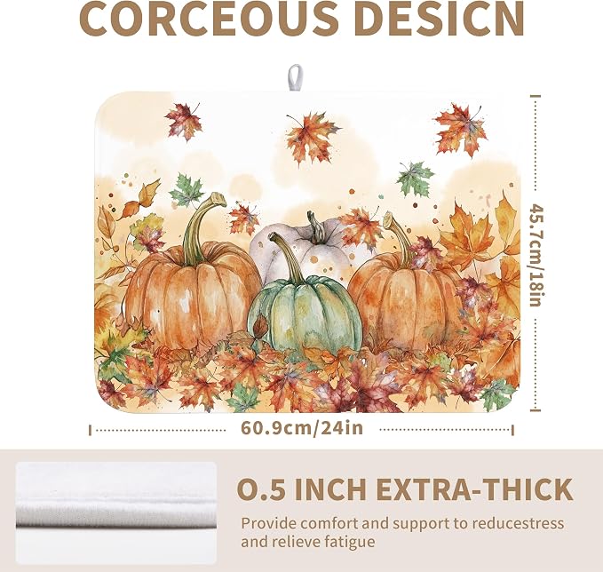 Fall Dish Drying Mat for Kitchen Counter 18×24 Inch Orange Pumpkin Drainer Pad Rustic Autumn Dish Rack Pad Drainer Mat Thanksgiving Absorbent Reversible Microfiber Dish Drying Pad for Coffee Bar