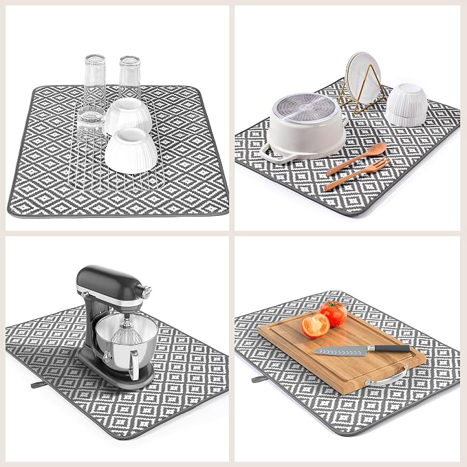 Subekyu 2 Pack Dish Drying Mat, 24*18 inch Ultra Absorbent Microfiber Dishes Drainer Mats for Kitchen Counter, Large Size Dish Drying Pad with Rhombus patterns
