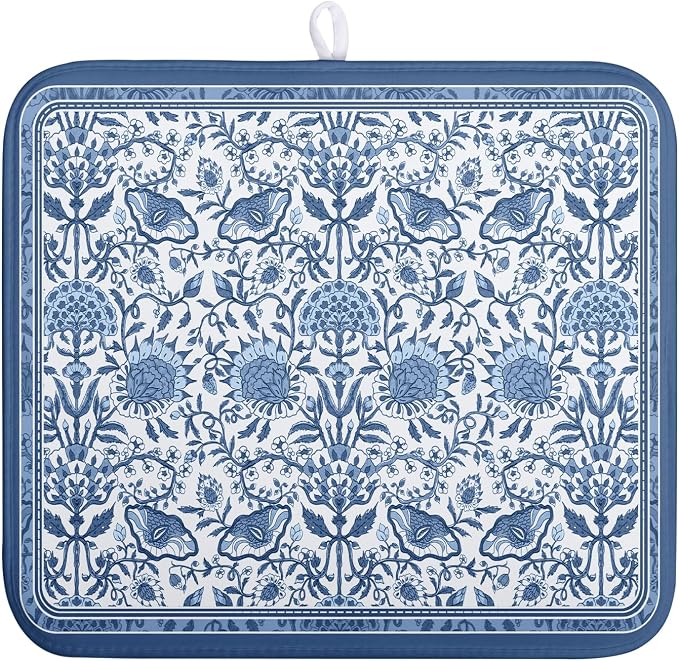 Blue Floral Dish Drying Mat for Kitchen Counter Boho Flowers Dishes Drainer Mats Rustic Farmhouse Microfiber Absorbent Dish Draining Spring Summer Reversible Dish Rack Pad 16x18 Inch