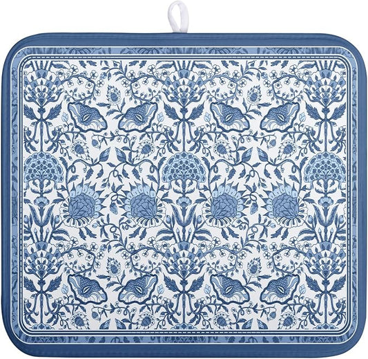 Blue Floral Dish Drying Mat for Kitchen Counter Boho Flowers Dishes Drainer Mats Rustic Farmhouse Microfiber Absorbent Dish Draining Spring Summer Reversible Dish Rack Pad 16x18 Inch