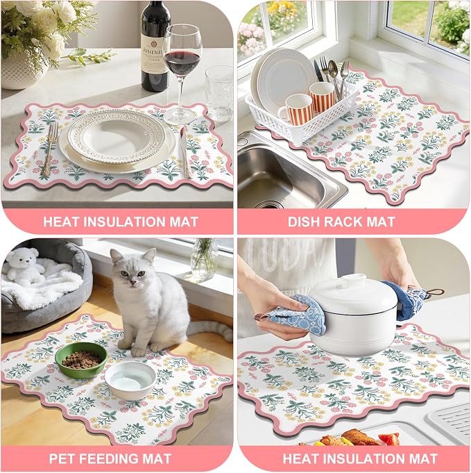 LOKHOM Scalloped Floral Dish Drying Mat, 17"x32" Super Absorbent Coffee Mat with Unique Pink Pastoral Floral, Cuttable Hide Stain Non-slip Drying Mat for Kitchen Counter Coffee Maker Espresso Machine