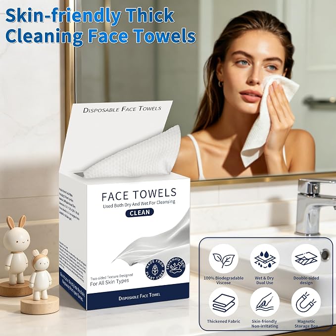 Disposable Face Towels, Biodegradable 100% USDA Face Towels, Ultra Soft Thick Face Wipes, Cleaning Facial Towels For All Skin Types, Skincare and Makeup Remover, Nursing, Travel, Dry Wipes (50 Ct)
