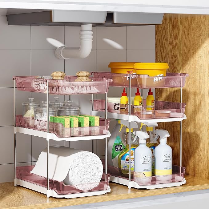 Delamu 2 Pack 3-Tier Bathroom Under Sink Organizers and Storage, Multi-Purpose Stackable Pantry Organization and Storage, Pull Out Clear Kitchen Bathroom Cabinet Organizer with Movable Dividers, Pink