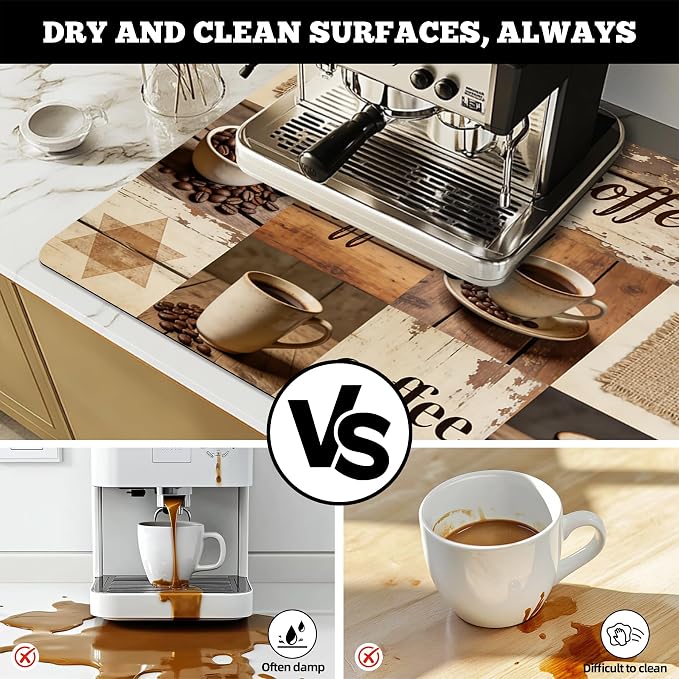 Dish Drying Mat Large Coffee Mat Absorbent Drying Mat for Kitchen Counter Coffee Bar Accessories 32"x 17", Retro Wood Grain Collage