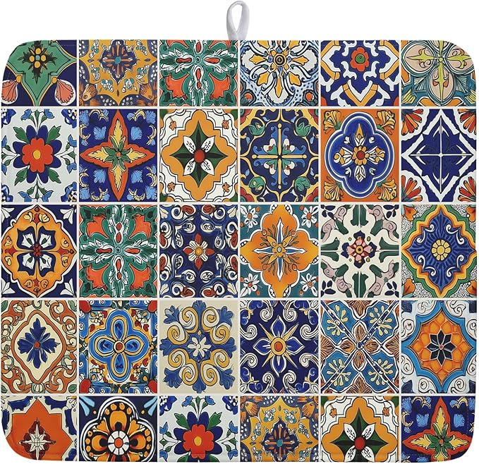 Talavera Mexican Tiles Dish Drying Mat for Kitchen Counter 16x18 Inch Mexican Flower Decorations Dish Draining Mat Mexican Tilt Fast Absorbent Tableware Dishes Pad for Coffee Bar Countertop