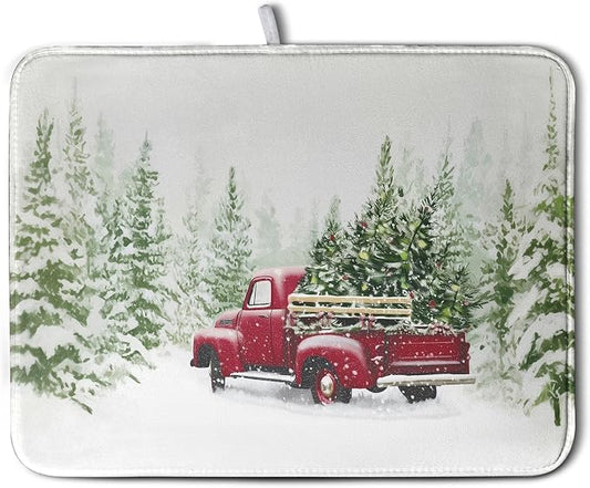 Christmas Dish Drying Mat Red Truck Xmas Tree Drying Mats for Kitchen Counter Winter Holiday Dishes Drainer Mats Absorbent Microfiber Dish Draining Pad Extra Large 18x24 Inch