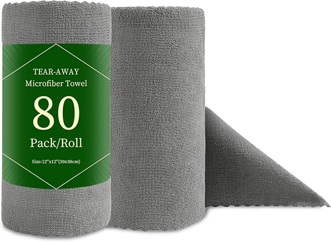 80 Pack Microfiber Cleaning Cloth Roll Reusable Paper Towels 12"x12" Tear Away Cloth, Microfiber Towels for Cars, Wash Cloths, Lint Free Dark Grey Rags for House, Kitchen,Window,Cleaning Supplies