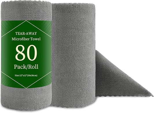 80 Pack Microfiber Cleaning Cloth Roll Reusable Paper Towels 12"x12" Tear Away Cloth, Microfiber Towels for Cars, Wash Cloths, Lint Free Dark Grey Rags for House, Kitchen,Window,Cleaning Supplies