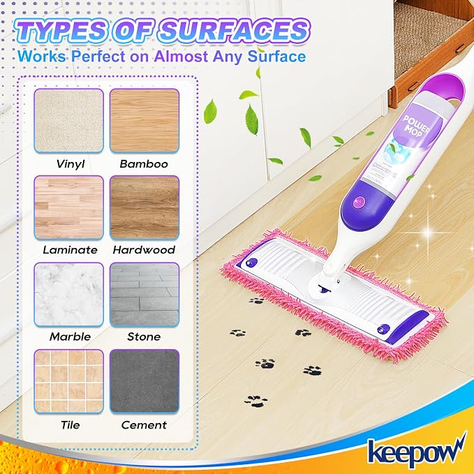 KEEPOW 4 Pink Reusable Mop Pads Compatible with Swiffer PowerMop | Mop Refill Pads Replacement for Swiffer Power Mop Spray Mop Pads for Multi-Surface Floor Cleaning