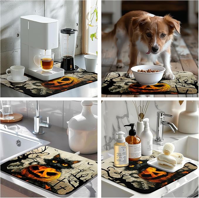 Black Cat Halloween Kitchen Dishes Drying Mat 16x18 Inch Halloween Fall Pumpkin Bat Dish Drying Mats for Kitchen Counter Absorbent Microfiber Dish Rack Mat Drainer Pad for Coffee Bar Sinks