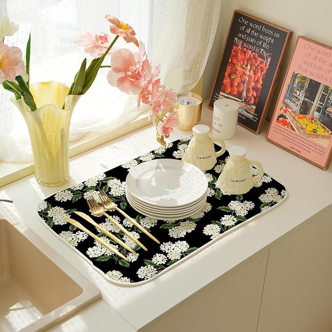 Black Dish Drying Mat 18x24 Inch Green Vintage Floral Hydrangea Flower Drying Mat Spring Summer Seasonal Absorbent Dish Drying Pad Dish Rack Drainer Mats for Kitchen Dining Counter