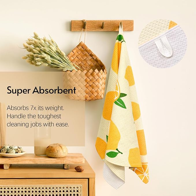 Eulnars Kitchen Towels, 18" x 30" Dish Towels, Microfiber Tea Towels for Kitchen Drying, Superior Absorbency, Lemon Cherry Series, 2-Pack