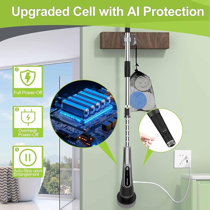 Dreazu Pro Electric Spin Scrubber, 10-in-1 Shower Scrubber & Retractable Long Handle, 44 lbs High-Torque & Variable Speed Shower Cleaning Brush for Bathroom,Toilet, Bathtub, Kitchen, Tile Floors, Car