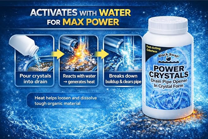 Black Swan 09177 Power Crystals Drain Opener, 2 lbs (32 oz) - Heavy Duty Crystal Formula for Cleaning Clogged Drain Pipes Due to Grease, Food Scraps - Safe for Plumbing & Septic Systems