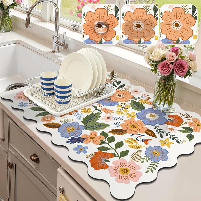 LOKHOM Scalloped Floral Dish Drying Mat, 18"x24" Super Absorbent Coffee Mat with Unique Spring Wildflowers, Cuttable Hide Stain Non-slip Drying Mat for Kitchen Counter Coffee Maker Espresso Machine