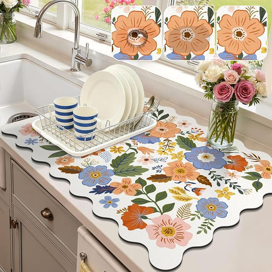 LOKHOM Scalloped Floral Dish Drying Mat, 18"x24" Super Absorbent Coffee Mat with Unique Spring Wildflowers, Cuttable Hide Stain Non-slip Drying Mat for Kitchen Counter Coffee Maker Espresso Machine