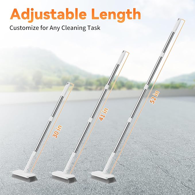 Leemone Floor Scrubber, Stainless Steel Wire Scrub Brush with Long Handle | Sturdy, with Squeegee, Deep Cleaning for Concrete, Patio, Driveway, Garage Floor, Pavers, Grout & Moss Removal