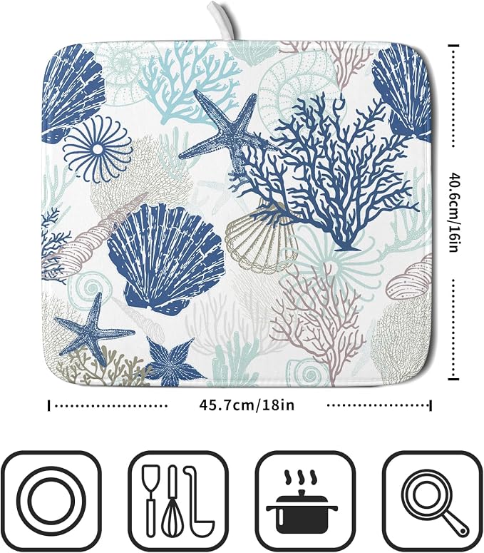 Summer Navy Blue Coral Beach Starfish Dish Drying Mat 16×18 Inch | Polyester，Absorbent Microfiber，for Kitchen Coffee Dining Bar Decor