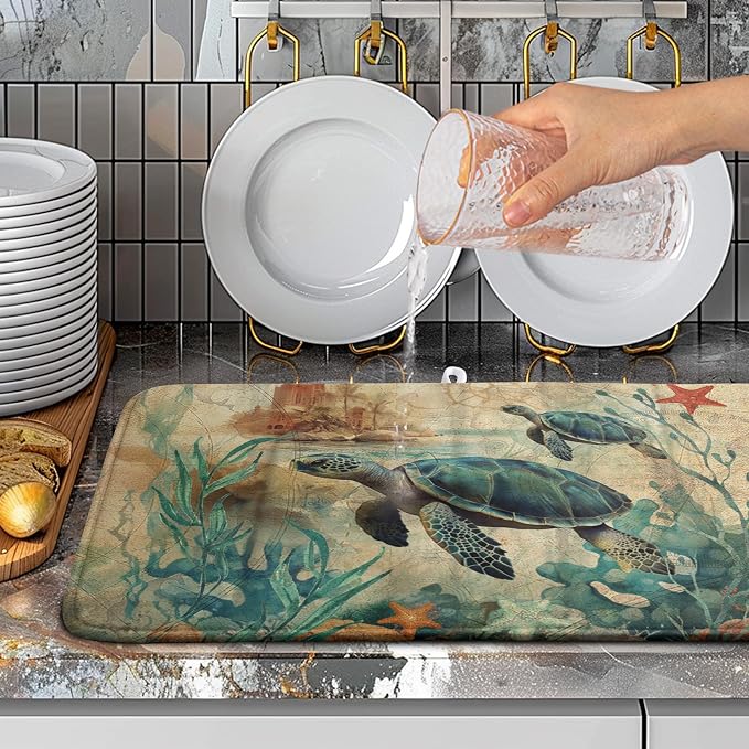 Sea Turtle Dish Drying Mat for Kitchen Counter Vintage Ocean Animal Microfiber Absorbent Dish Drainer Rack Mat Nautical Drying Mats Large Dish Draining Mat 18x24 Inch, 240220