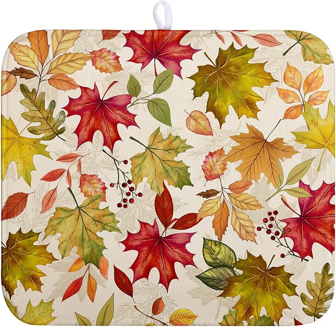 Fall Drying Mat for Kitchen Counter 16 x 18 Inch Maple Leaves Autumn Thanksgiving Harvest Dish Drying Mats Absorbent Microfiber Dish Draining Washable Reversible Dishes Pad