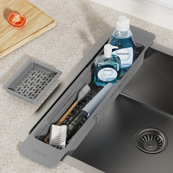 NiHome Extendable Sink Kitchen Organizer, Extra Long Telescopic Brush Storage Rack for Sponge, Non-Slip Pads Expandable Sink Caddy, Adjustable Brush Rack with Drainage Durable ABS (Dark Gray)