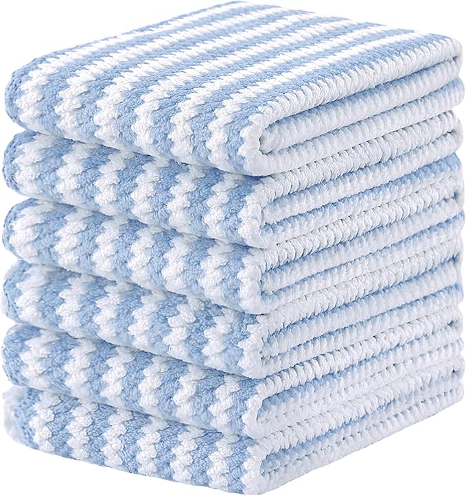 Homaxy Kitchen Towels(6 Pack, 10 x 20 inches), Ultra Soft and Absorbent Dish Towels, Reusable Fast Drying Microfiber Cleaning Cloth, Coral Velvet Wave Design No-lint, Blue