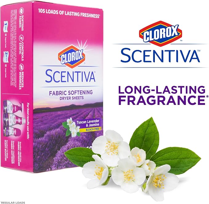 Clorox Scentiva Fabric Softener Dryer Sheets, Tuscan Lavender & Jasmine Scent - Wrinkle Reducing Scented Softening Laundry Dryer Sheets for Great Smelling Clothes, 105 Count