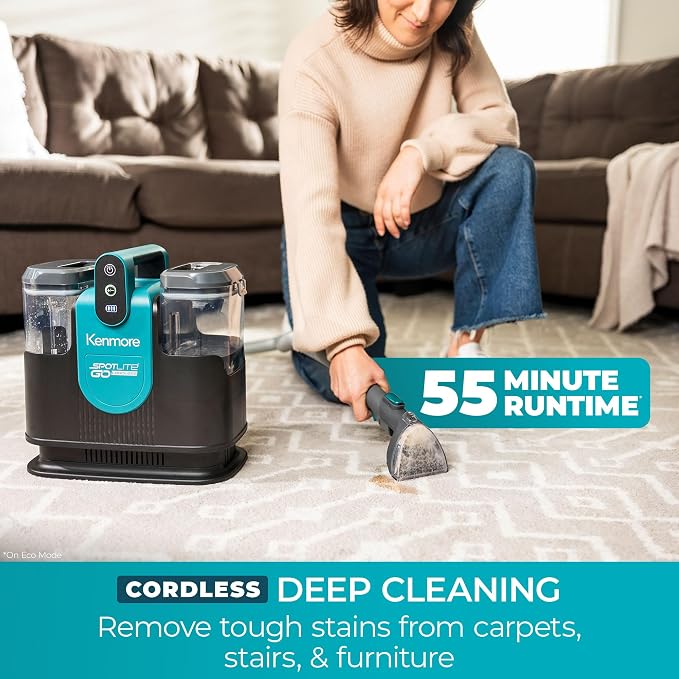 Kenmore 24V Cordless Portable Carpet & Upholstery Spot Cleaner Machine | 16Kpa Power Suction, 55Mins Runtime with Hose Cleaning Tool for Car, Pets, Area Rugs & Couches - KW1090