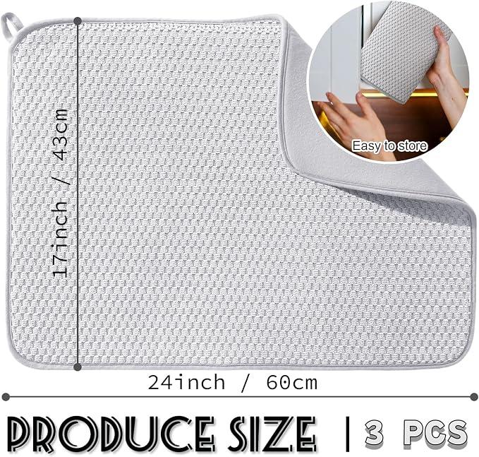 3 Pcs XXL Dish Drying Mat,Absorbent Microfiber Dishes Drainer Mats,Large Size 24×17" Pads for Kitchen Counter,Coffee,Rack,Under Sink,Light Gray