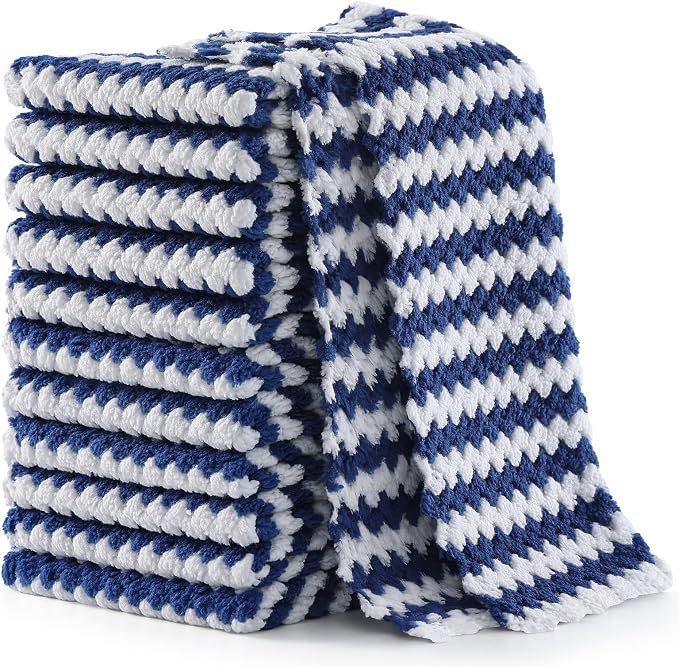 Homaxy 12 Pack Kitchen Dish Cloths, Ultra Soft and Absorbent Dish Towels, Reusable Fast Drying Microfiber Cleaning Cloth, Coral Velvet Wave Design No-lint, 7 x 9 inches, Navy Blue