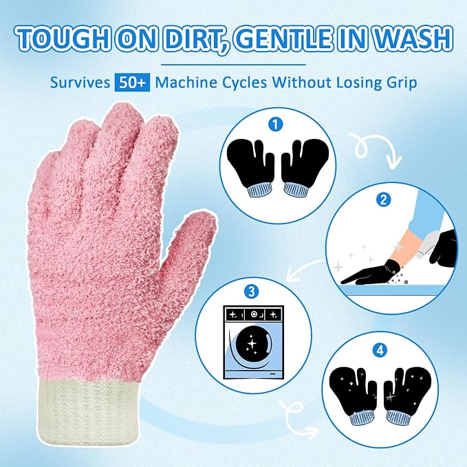 MIG4U Microfiber Dusting Gloves House Cleaning Glove for Blinds, Windows, Shutters, Furniture, and Car, Reusable Lint-Free Pink 1 Pair S/M