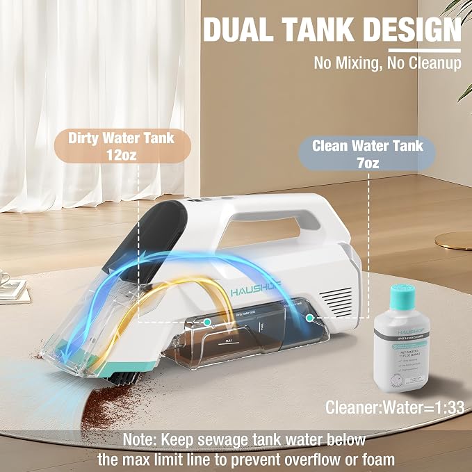 HAUSHOF 12V Cordless Handheld Carpet Cleaner, 6.5KPa Suction | 2 Water Tanks, Type-C Charging, Spot & Stain Cleaner, Portable Design for Carpet, Upholstery, Stairs & Car