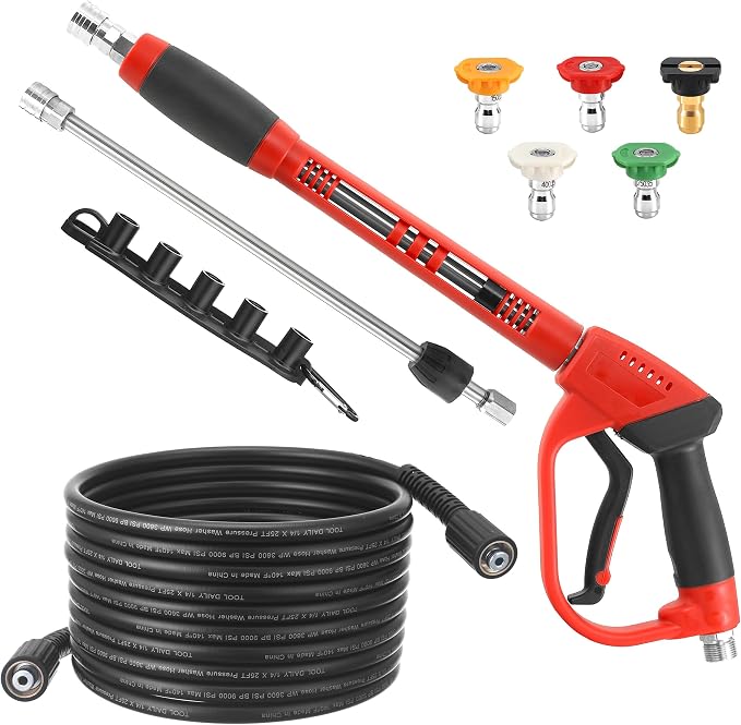 Tool Daily Pressure Washer Gun and Hose Kit, 25 FT Power Washer Hose | M22-14 Fitting, Replacement Wand Extension, 5 Spray Nozzle Tips with Holder, 3600 PSI