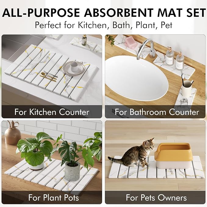 4 Pcs Stone Dish Drying Mat Set, 24''x16'' Fodable Large Diatomaceous Earth Drying Mat, Faucet Mat and 2 Coasters for Kitchen Counter, Super Absorbent Quick Dry Mats for Dishes Bottles Cups