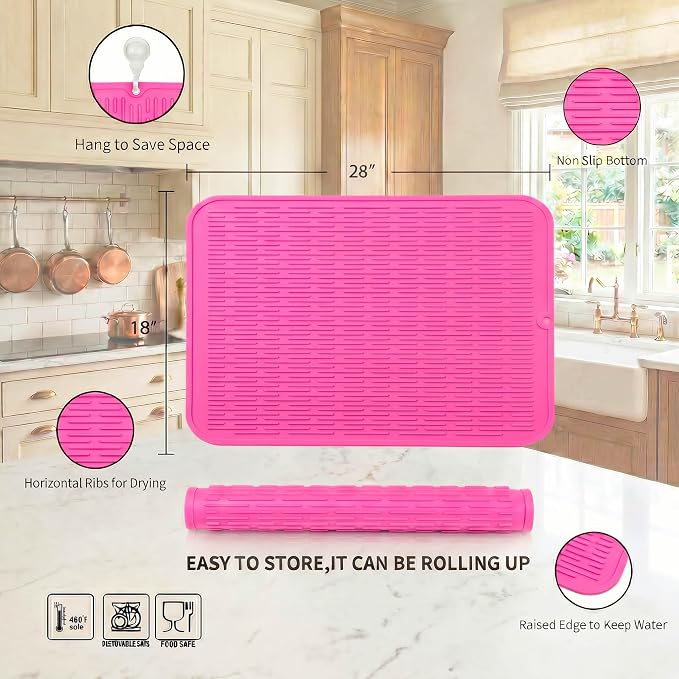 MicoYang Silicone Dish Drying Mat for Multiple Usage,Easy clean,Eco-friendly,Heat-resistant Silicone Mat for Kitchen Counter or Sink,Refrigerator or Drawer Liner Rose 3XL 28 inches x 18 inches