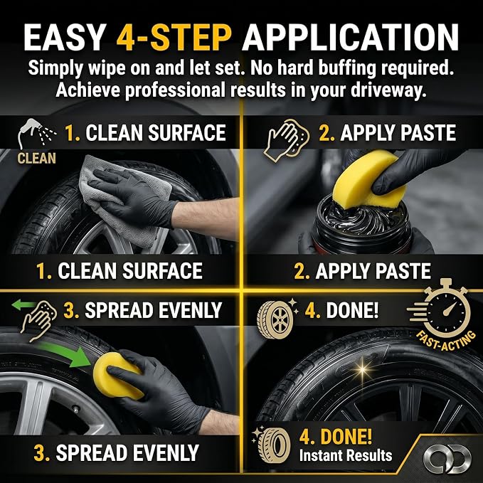 Premium Tire Coating Paste & Black Trim Restorer, Drip-Free Ceramic Rubber Polishing Wax Revives Deep Shine, UV Protection for Auto Interior Exterior, Includes Brush Towel & Sponge (5Pcs)
