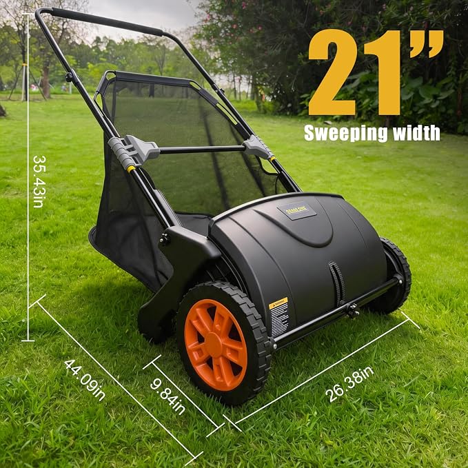 21 Inch Lawn Sweeper, Push Leaf & Grass Collector, PP Brushes | Reinforced frame design with 10.5" PP brushes, large hand-woven nonwoven bag, adjustable height for easy yard cleanup