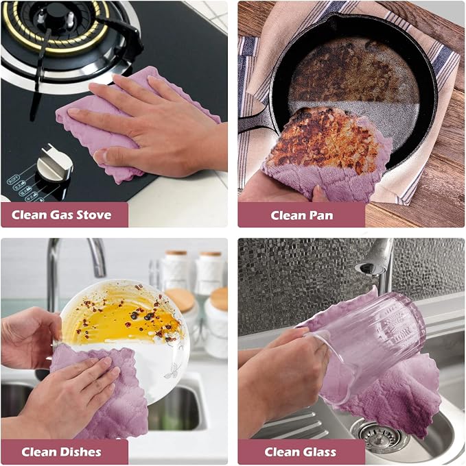 UMANI 12 Pack Kitchen Dish Cloths, Ultra Soft Absorbent Quick Drying Dish Towels, Nonstick Oil Microfiber Cleaning Cloth, Machine Washable Coral Fleece Cleaning Rags (Purple)