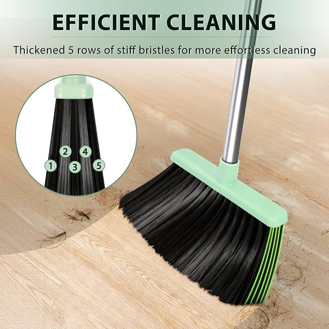 YZO Broom and Dustpan Set, 54.33 Inch Long Handle Standing Design, Dustpan Front Rubber Tight Seal, Broom with 5 Layer Bristles, Suitable for Living Room, Bedroom, Yard, Office (Green)